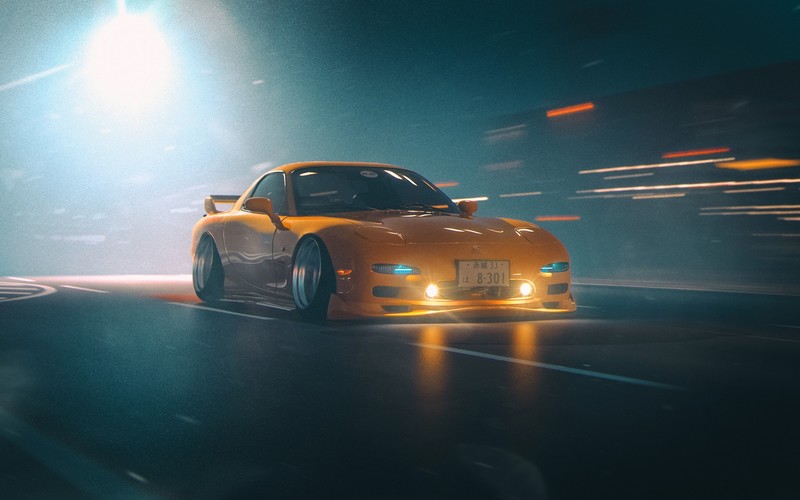 car, yellow, digital, pop-up headlights, negative camber, Mazda RX-7 FD, Mazda RX-7, Mazda, yellow cars