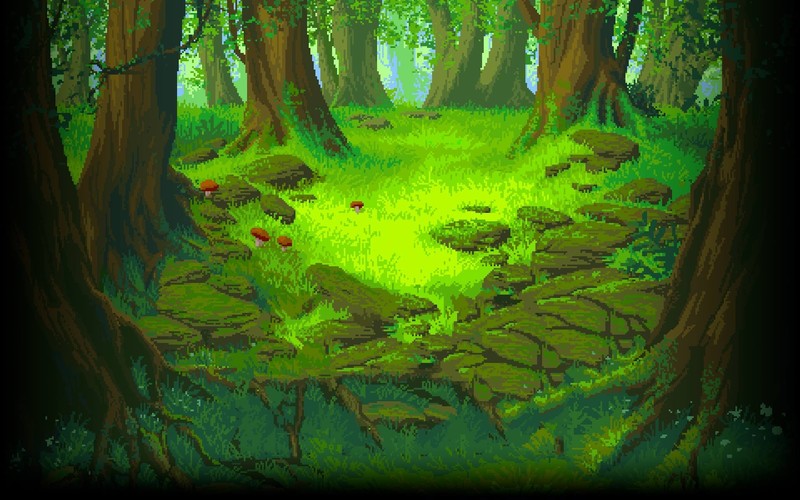 pixel art, pixelated, nature, landscape, pixels, digital art, trees, mushroom, stones, roots, field