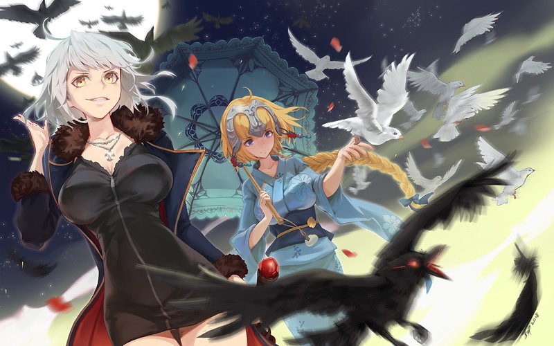 Jeanne (Alter) (Fate/Grand Order), Fate Series, Fate/Grand Order, yellow eyes, blue eyes, blond hair, white hair, long hair, short hair, crow, dove, umbrella, Moon, night, sisters, kimono, anime girls, video games, Jeanne dArc