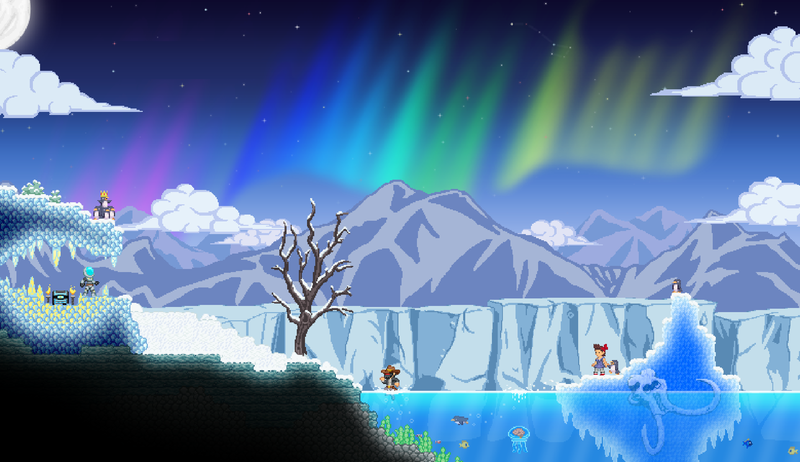 pixel art, pixelated, nature, landscape, pixels, digital art, trees, Starbound, aurorae, snow, night, stars, fictional characters, iceberg, winter, mountains, clouds