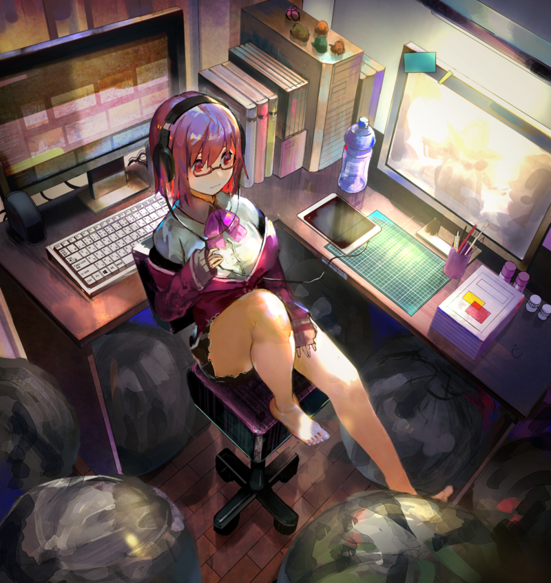 anime, anime girls, glasses, legs, barefoot