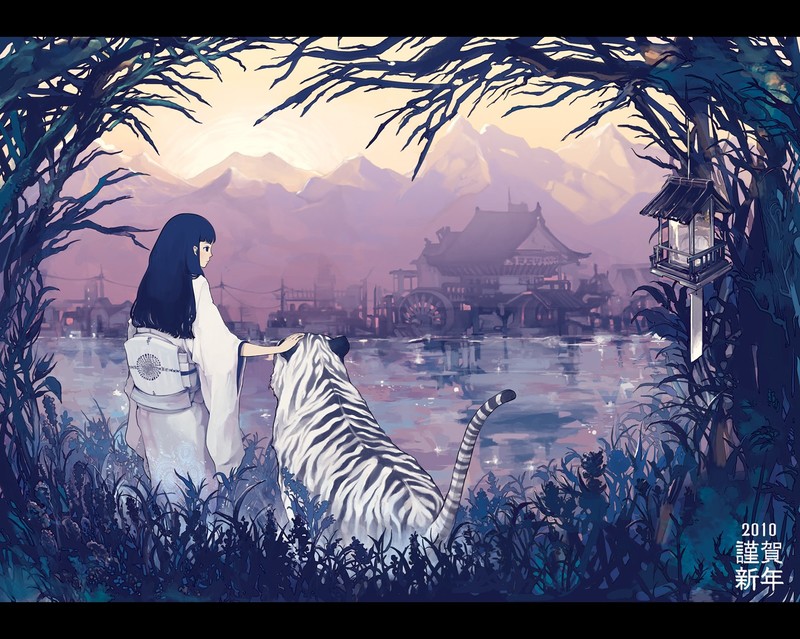 tiger, lake, house, forest, mountains, watermills