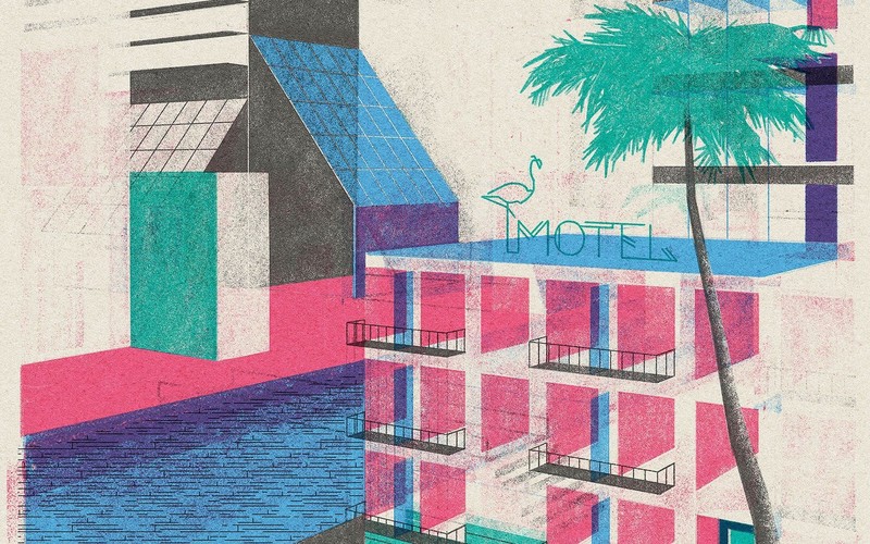 motel, pastel, flamingos