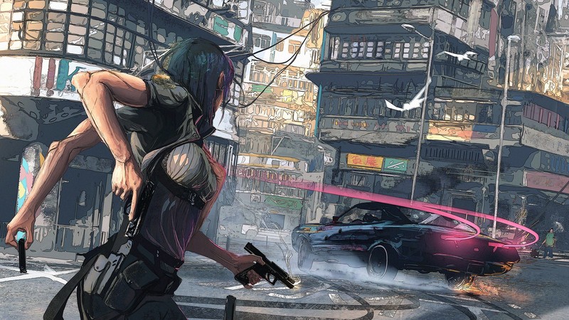 digital, car, cyberpunk, women, artwork, science fiction, futuristic, gun, vehicle