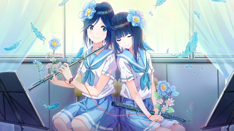 Hibike! Euphonium, anime, manga, yuri, anime girls, flute, flowers, blue hair, group of women, blue eyes, closed eyes