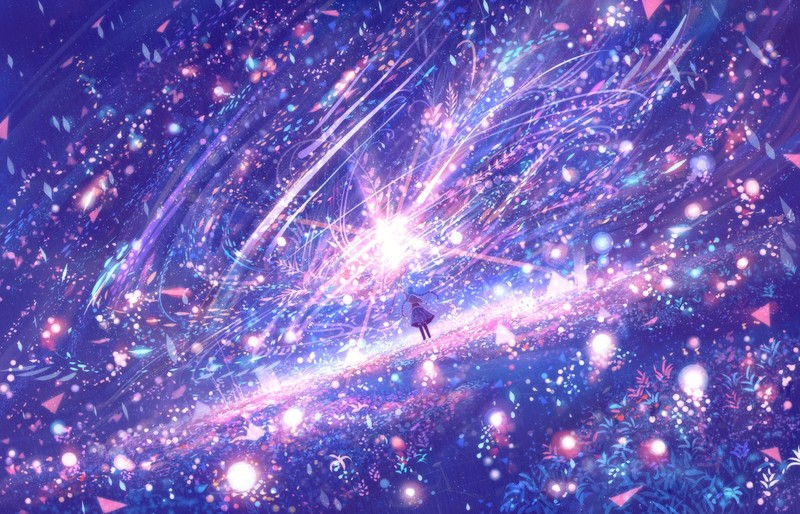 artwork, anime, digital art, lights, magic, plants