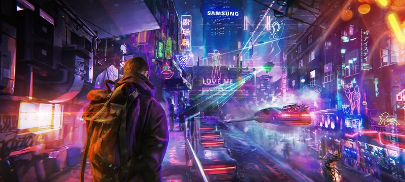men, jacket, backpacks, futuristic, futuristic city, city, cyberpunk, artwork, digital art, Photoshop, people, night, street, Samsung, building, neon, neon lights, Pavel Bondarenko, ultra-wide