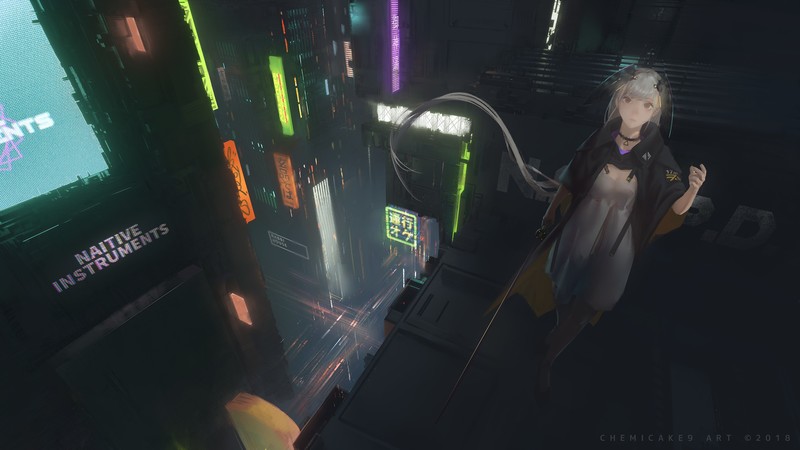 artwork, anime, digital art, city, katana, night, cyberpunk, building, city lights