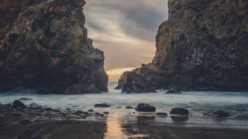 rocks, ocean, surf, stones, shore, 4k