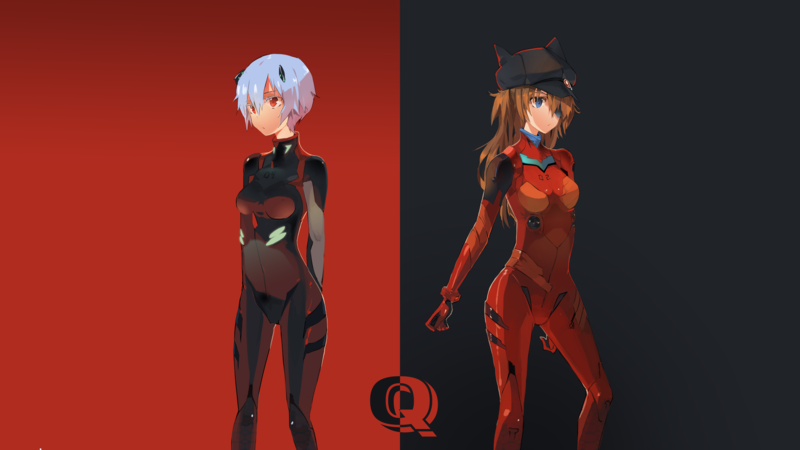 anime, anime girls, Neon Genesis Evangelion, Asuka Langley Soryu, Ayanami Rei, simple background, bodysuit, eye patch, redhead, long hair, blue hair, hat, saberiii