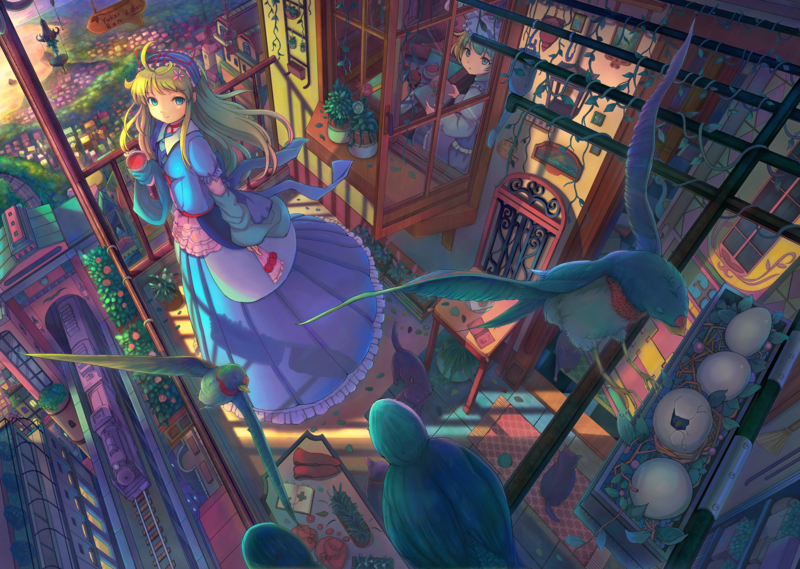 anime girls, long hair, dress, house, city, birds, train, tea, cats, eggs, Touhou, Yakumo Ran, Yakumo Yukari, moescape