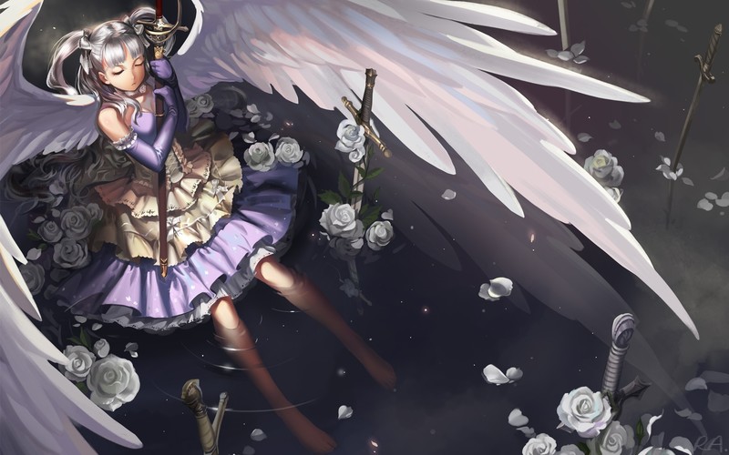 anime girls, original characters, dress, flowers, wings, sword, water, sitting