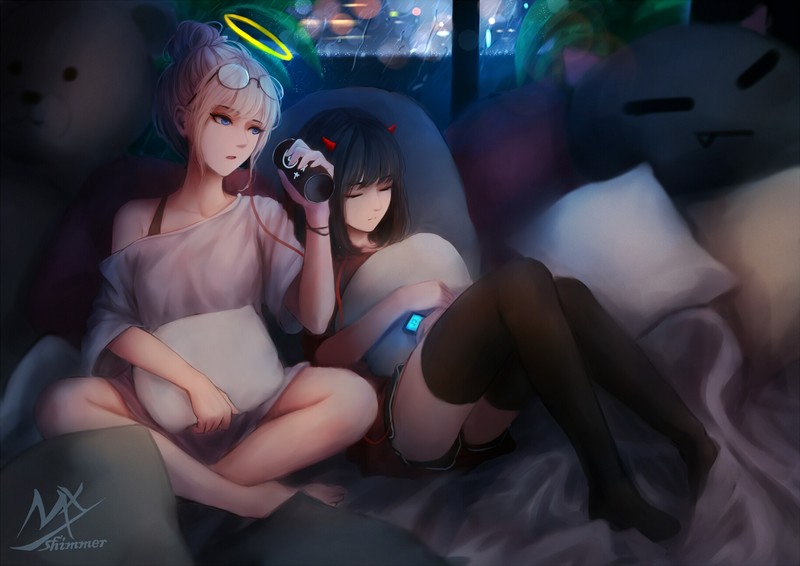 anime, anime girls, closed eyes, blue eyes, pillow, can, legs, horns, MX shimmer, Halo, glasses