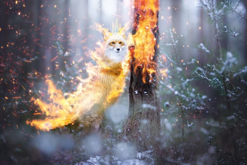 animals, fire, nature, digital art, fox