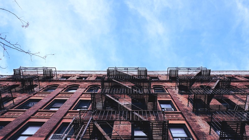 facade, clouds, sky, apartments, bricks, stairs