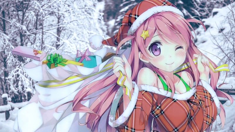 Kantoku, snow covered, Christmas, presents, pink hair, purple eyes, snow, edit, Santa hats
