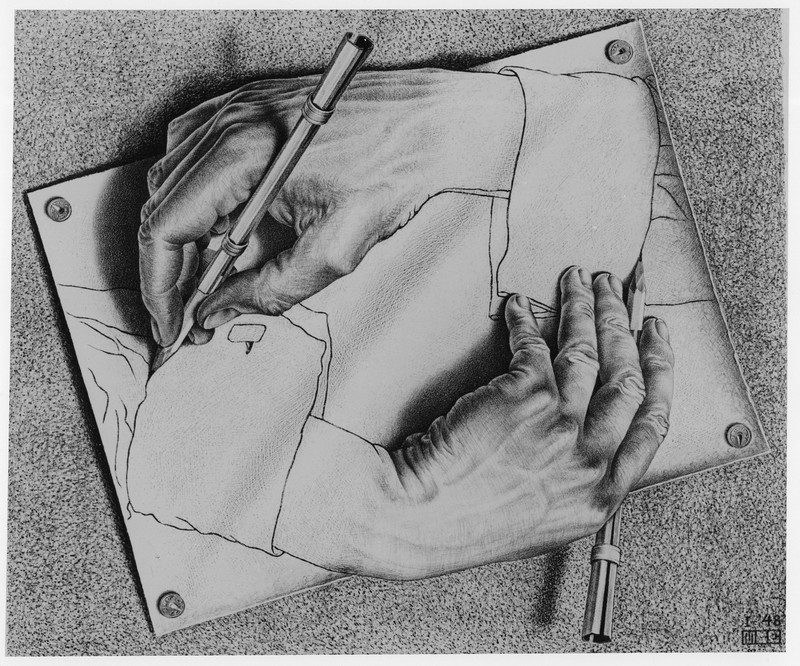 artwork, optical illusion, M. C. Escher, drawing, monochrome, pencils, hands, paper