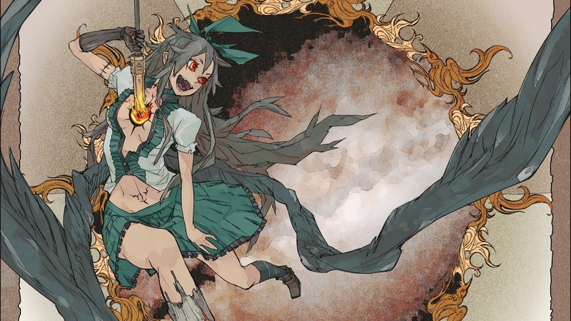 anime girls, Touhou, video games, wings, skirt, Reiuji Utsuho
