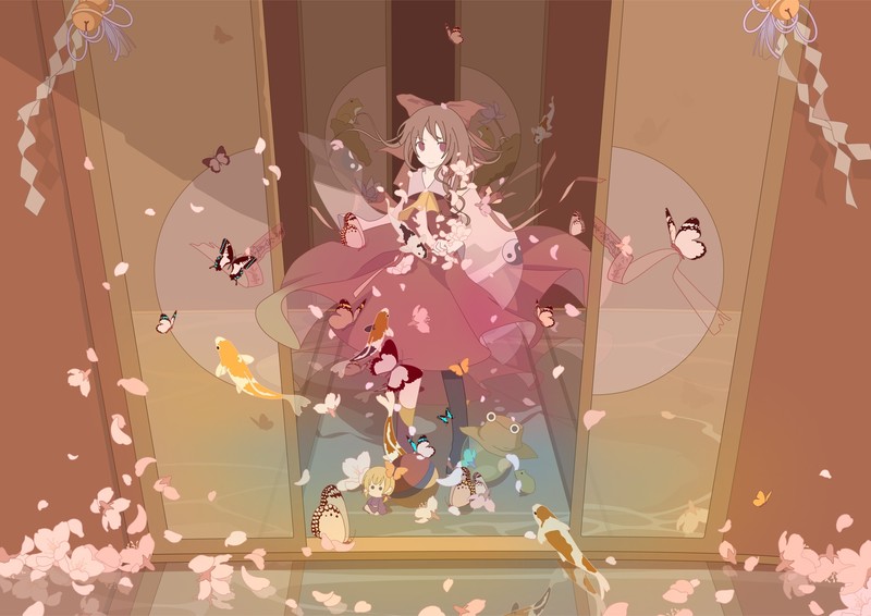 anime girls, Touhou, video games, Hakurei Reimu, dress, butterfly, house, door