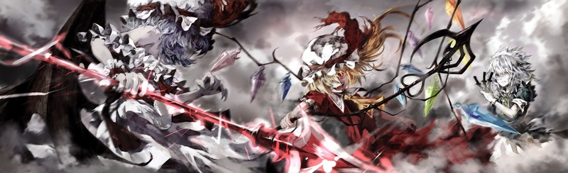 anime girls, Touhou, video games, Flandre Scarlet, Remilia Scarlet, Izayoi Sakuya, fighting, dress, vampires