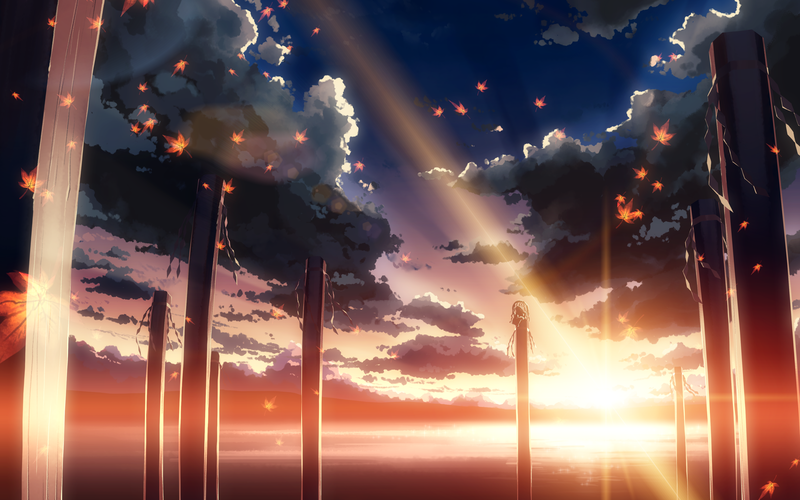 anime girls, Touhou, video games, Yasaka Kanako, nature, sky, column, sunset, clouds, sea