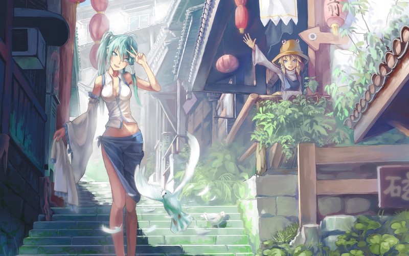 anime girls, Touhou, video games, Kochiya Sanae, Moriya Suwako, house, birds, cleavage, dress, skirt