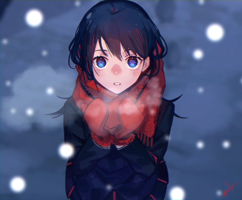 anime girls, snow, sweater, gloves, blue eyes, winter