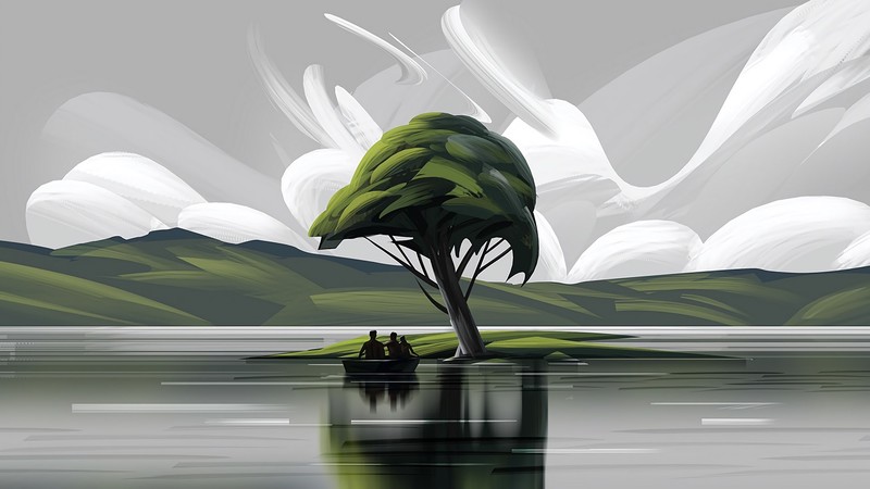 artwork, painting, trees, mountains, clouds, lake, boat, silhouette