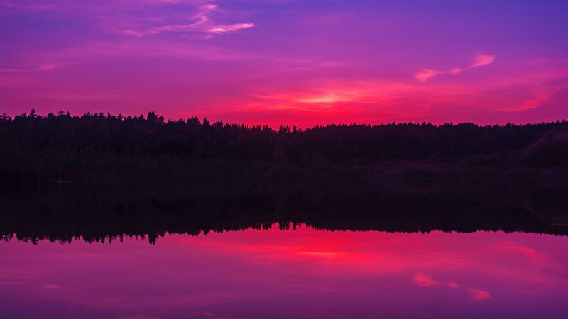 lake, sunset, horizon, evening, night, sky, 4k