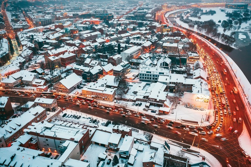 Kaunas, Lithuania, long exposure, traffic, cityscape, lights, winter, snow, street