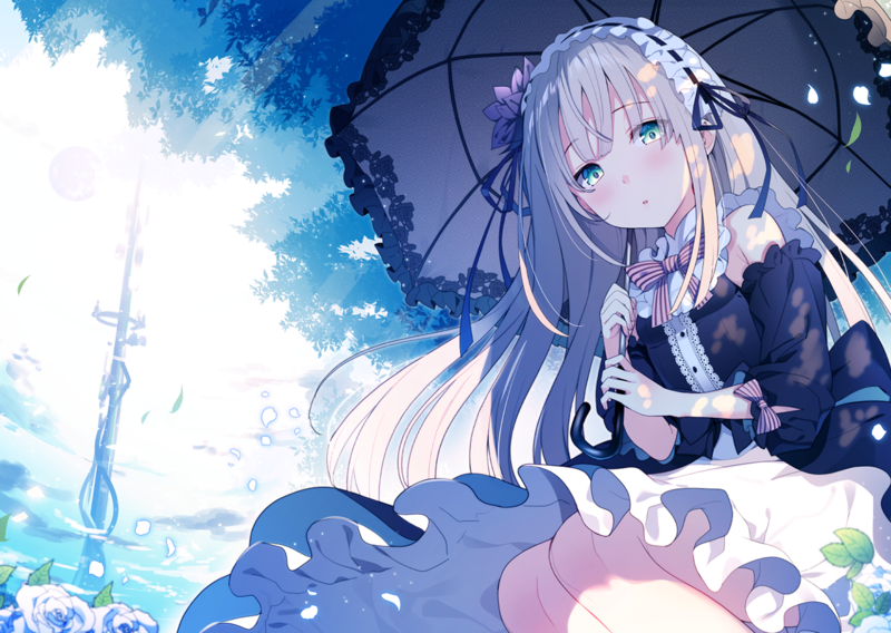 anime, anime girls, umbrella, long hair