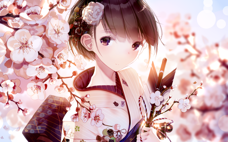 anime girls, original characters, black hair, short hair, artwork, digital art, illustration, 2D, looking at viewer, portrait, smiling, hair ornament, purple eyes, kimono, bell, cherry blossom, depth of field, backlighting, Atha, anime
