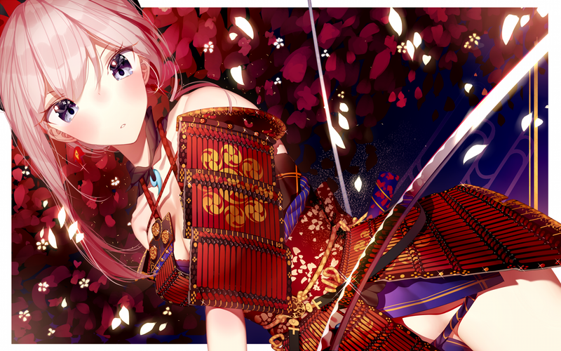 Miyamoto Musashi (fate/grand order), Fate/Grand Order, anime girls, fantasy girl, artwork, digital art, illustration, 2D, fan art, looking at viewer, portrait, pink hair, samurai, armor, katana, petals, Atha, anime, panties