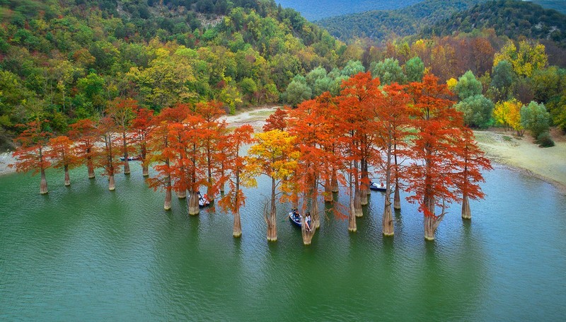 nature, landscape, aerial view, water, trees, forest, fall, lake, boat, people, Russia