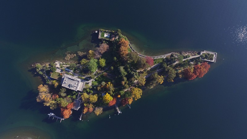 nature, landscape, aerial view, water, trees, forest, lake, island, Italy, fall, building, house, pier