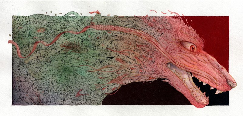 animals, artwork, red eyes, creature, fangs, wolf, frame, drawing
