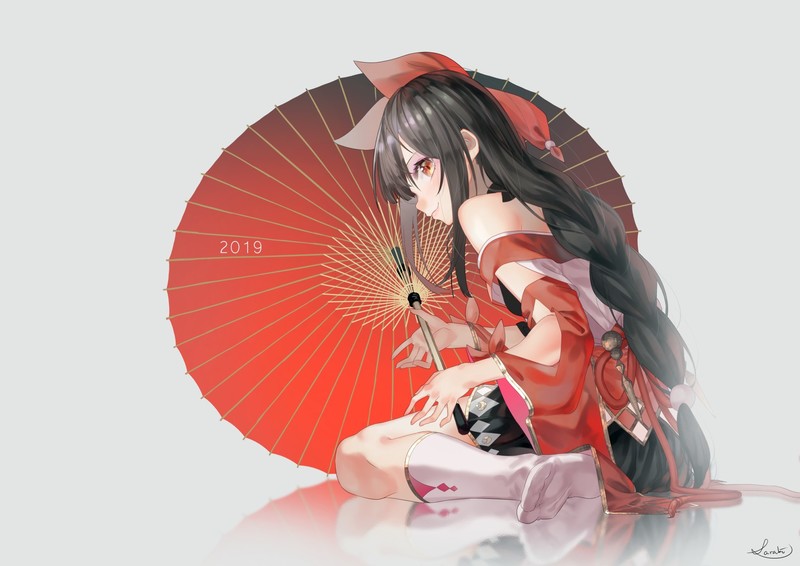 anime girls, anime, dark hair, 2019 (Year), umbrella, kneeling, long hair