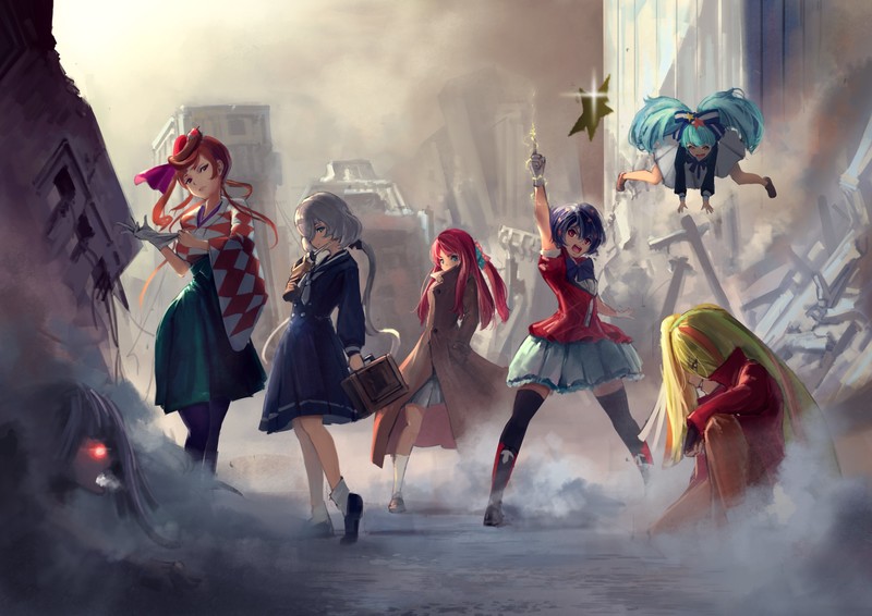 Zombieland Saga, anime girls, Zombie 0 / Tae Yamada, Zombie 1 / Sakura Minamoto, Zombie 2 / Saki Nikaidou, Zombie 3 / Ai Mizuno, Zombie 4 / Junko Konno, Zombie 6 / Lily Hoshikawa, Zombie 5 / Yugiri, school uniform