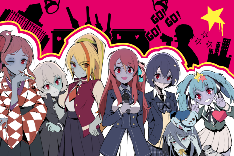 Zombieland Saga, anime girls, Zombie 0 / Tae Yamada, Zombie 1 / Sakura Minamoto, Zombie 2 / Saki Nikaidou, Zombie 3 / Ai Mizuno, Zombie 4 / Junko Konno, Zombie 6 / Lily Hoshikawa, Zombie 5 / Yugiri, school uniform