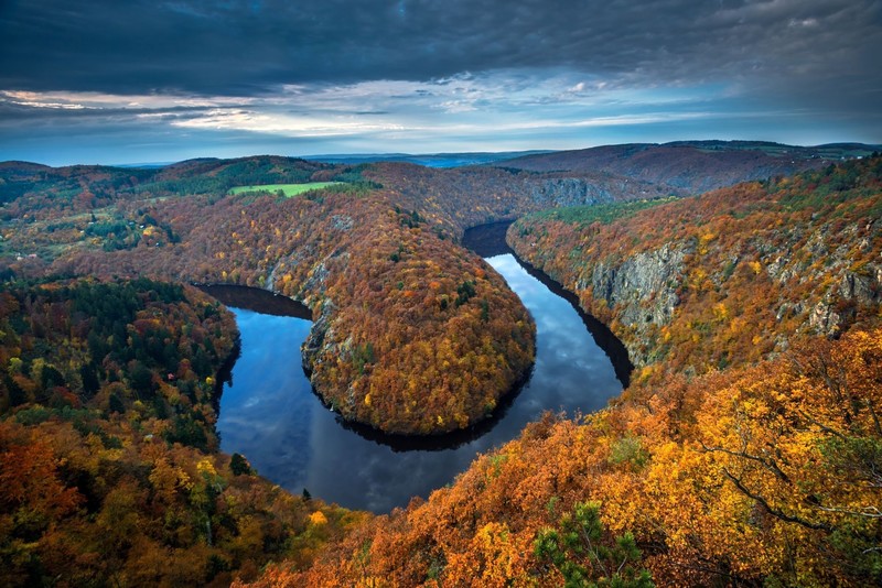 nature, landscape, aerial view, water, trees, forest, fall, sky, river, clouds