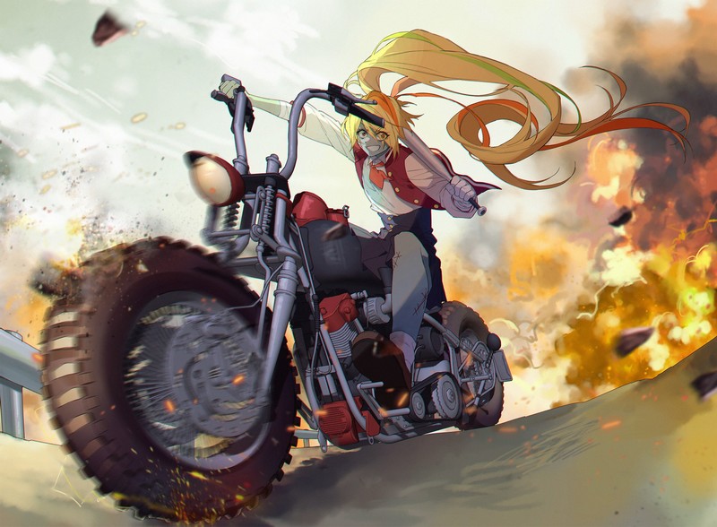 Zombieland Saga, anime girls, Zombie 2 / Saki Nikaidou, school uniform, explosion, motorcycle, baseball bat, blond hair