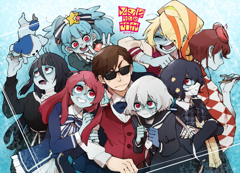Zombieland Saga, anime girls, Zombie 0 / Tae Yamada, Zombie 1 / Sakura Minamoto, Zombie 2 / Saki Nikaidou, Zombie 3 / Ai Mizuno, Zombie 4 / Junko Konno, Zombie 6 / Lily Hoshikawa, Zombie 5 / Yugiri, school uniform