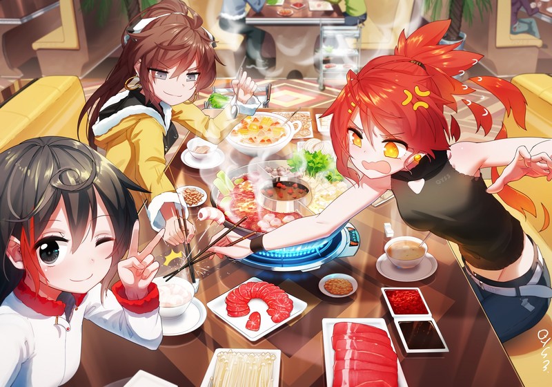 anime girls, anime, food, anime girls eating, dark hair, redhead, brunette
