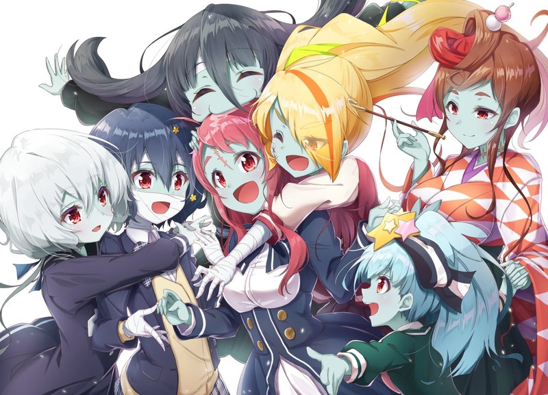 Zombieland Saga, anime girls, Zombie 0 / Tae Yamada, Zombie 1 / Sakura Minamoto, Zombie 2 / Saki Nikaidou, Zombie 3 / Ai Mizuno, Zombie 4 / Junko Konno, Zombie 6 / Lily Hoshikawa, Zombie 5 / Yugiri, school uniform
