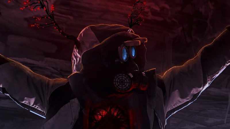 artwork, gas masks, hoods, antlers, goggles, respirator, dark, blue eyes