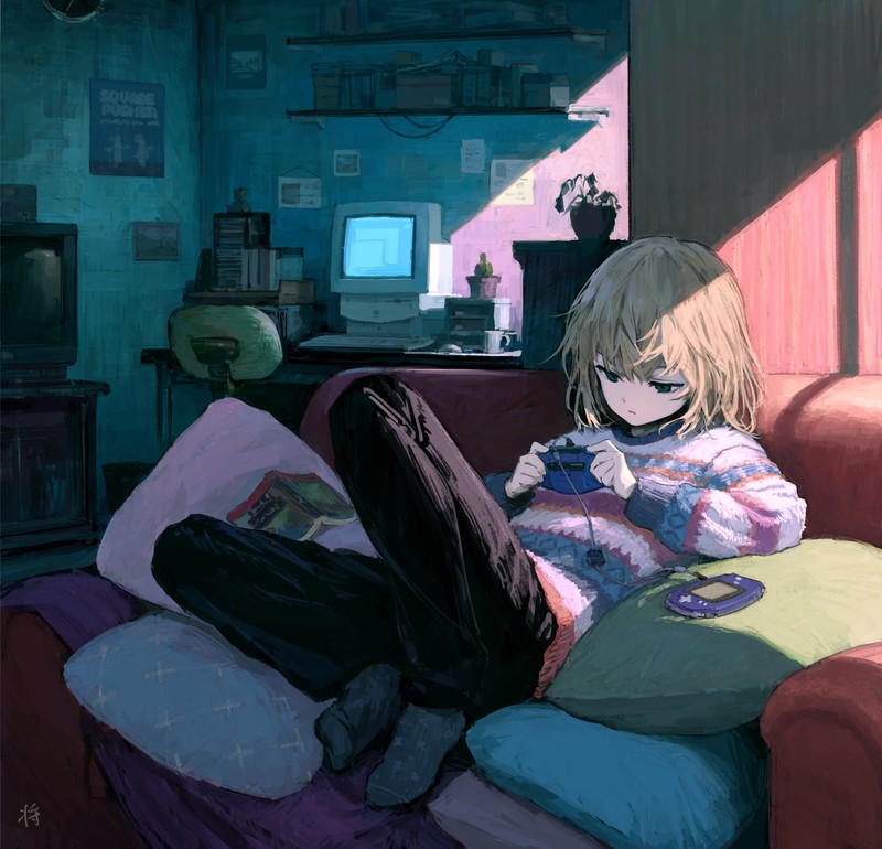 anime, anime girls, indoors, in sofa