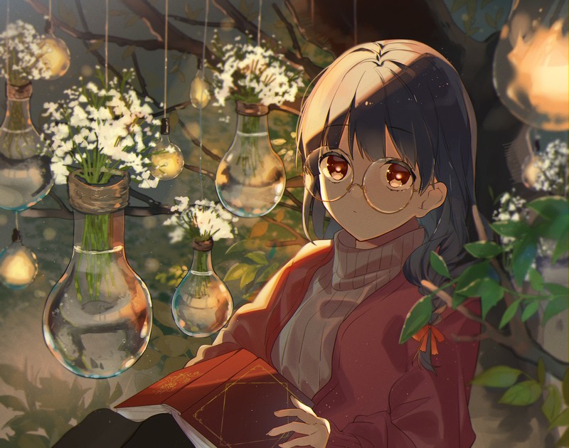 anime, anime girls, lights, glasses, flowers, books