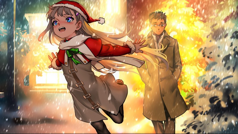 anime girls, As109, artwork, snow, winter, Christmas, New Year, loli, gray hair, blue eyes, coats