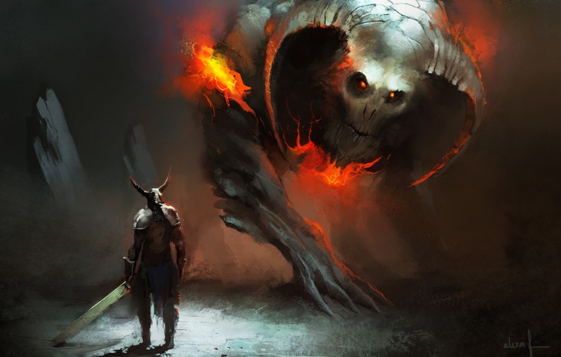 warrior, helmet, armor, sword, demon, creature, fire, artwork, digital art, illustration, painting, drawing, 2D, fantasy art, Clash, horns, Alex Mabb