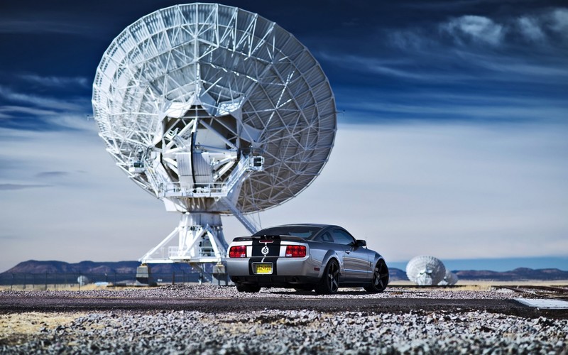 car, Ford Mustang, nature, landscape, sports car, satellite, clouds, depth of field, radar, antenna, vehicle, numbers
